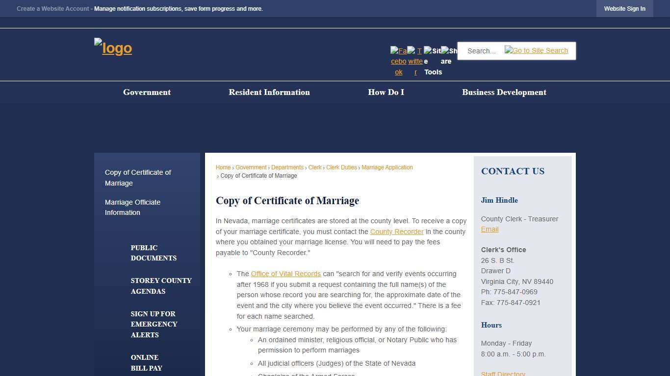 Copy of Certificate of Marriage | Storey County, NV - Official Website